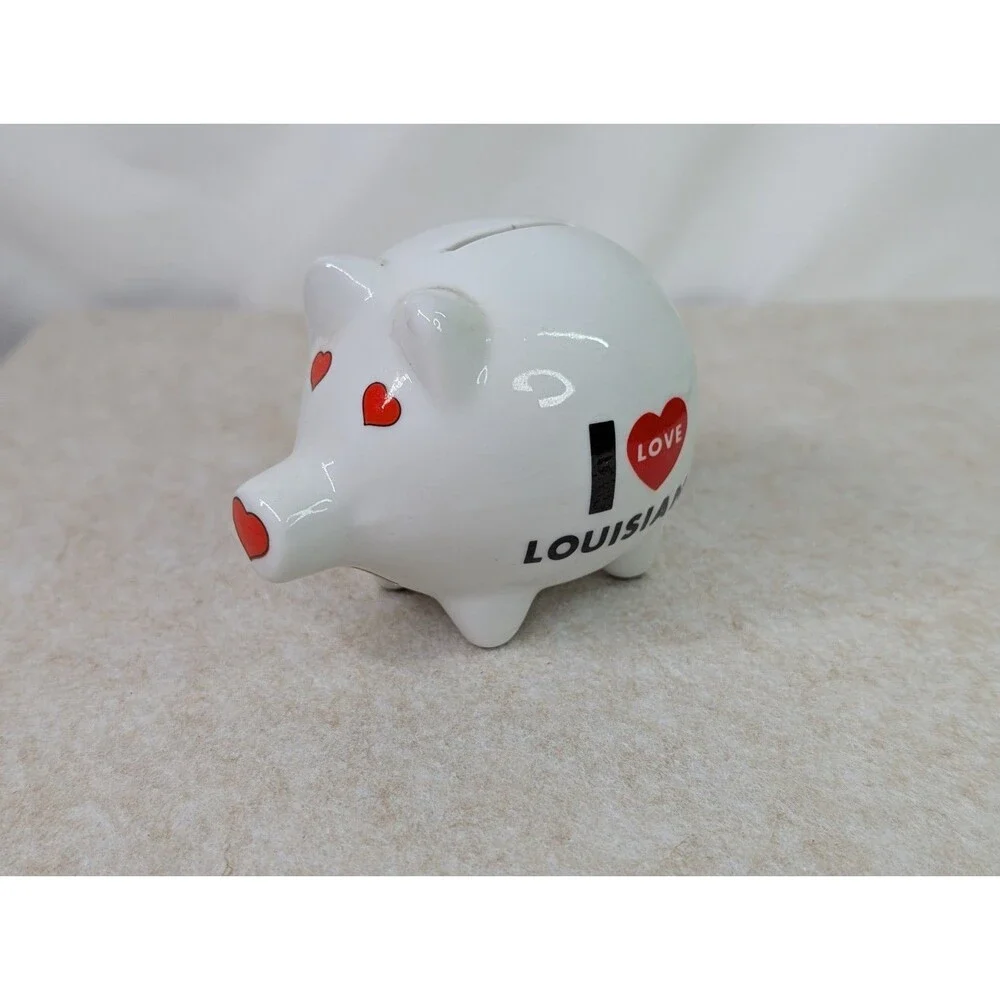 Vintage Porcelain Louisiana Souvenir Piggy Bank with Rainbow & Red Hearts